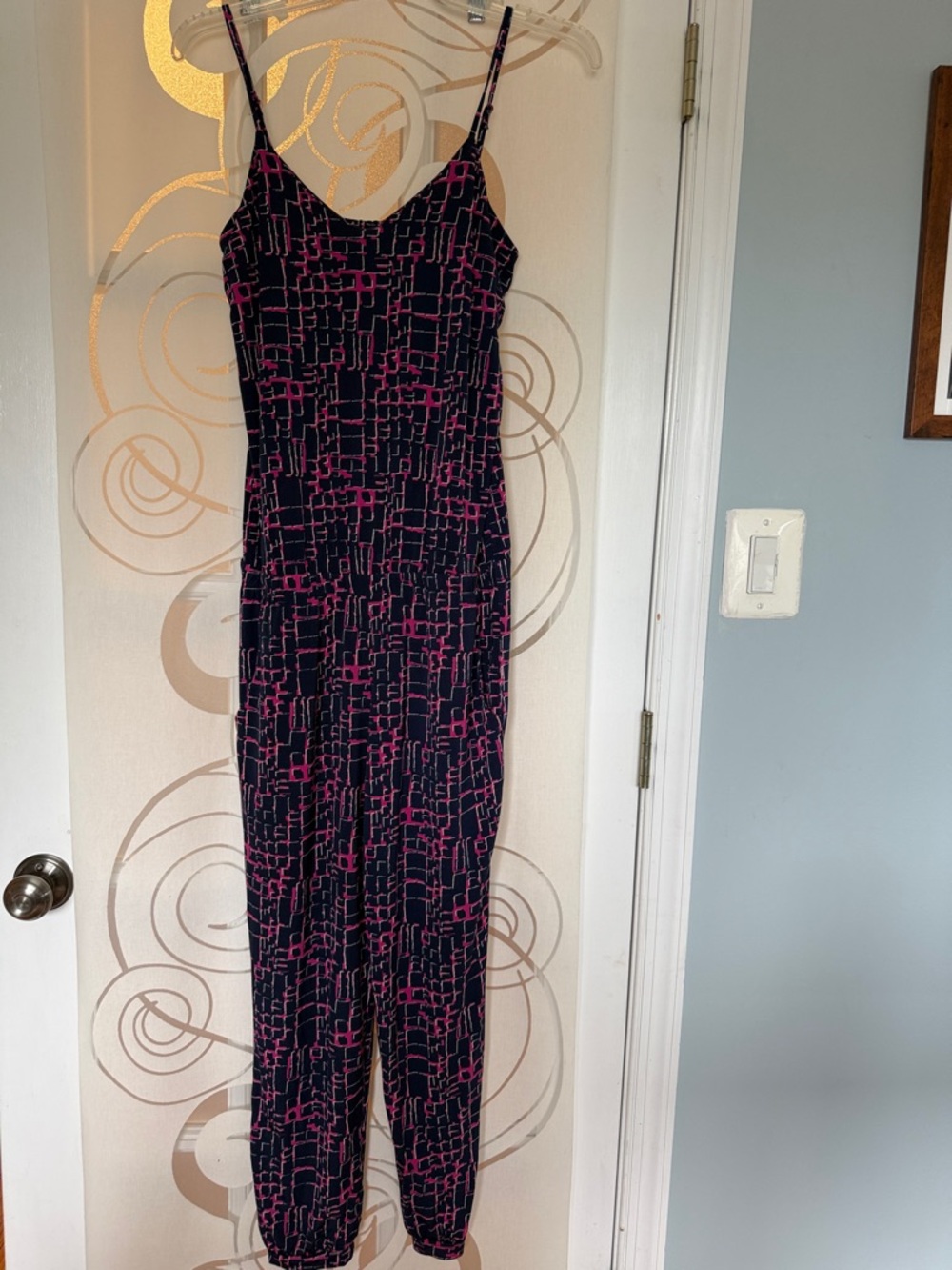 Veronica M Black & Pink Geometric Spaghetti-Strap Jumpsuit - Size Small